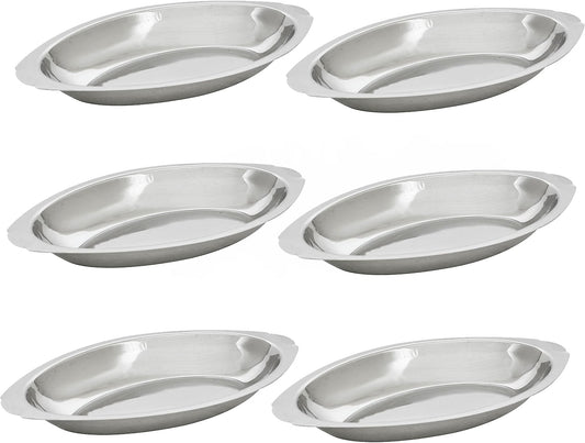 Stainless Steel Oval Au Gratin Dish - Set of 6 - Casserole and Banana Split Bowls, Single Serving, Small Individual Gratin