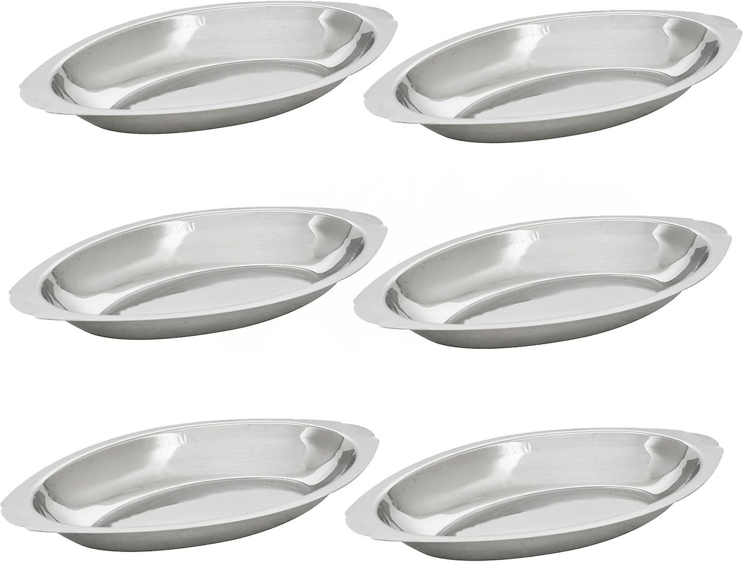 Stainless Steel Oval Au Gratin Dish - Set of 6 - Casserole and Banana Split Bowls, Single Serving, Small Individual Gratin