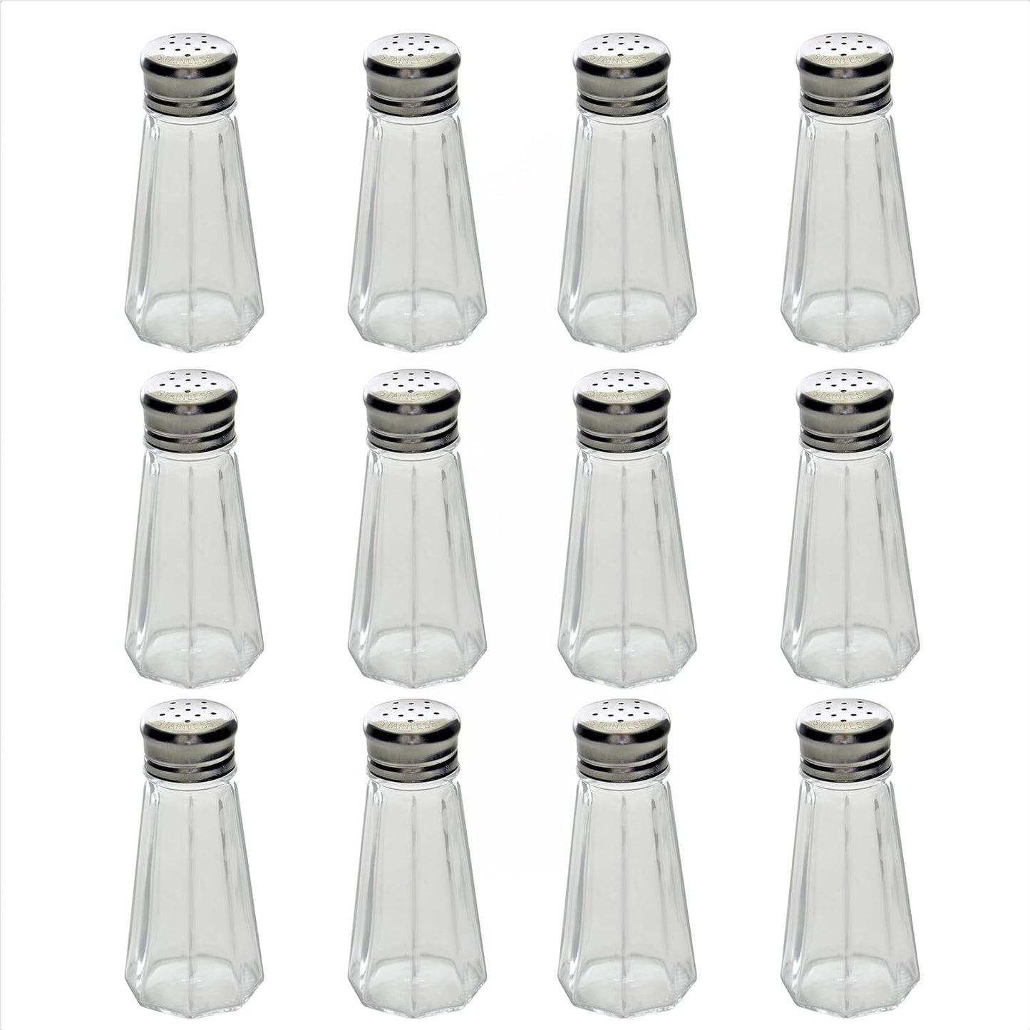 Classic Clear Glass Salt or Pepper Shakers with Stainless Steel Mushroom Tops Set of 12- Salt Shaker Stainless Lid-Glass Spice Jars Kitchen Accessories
