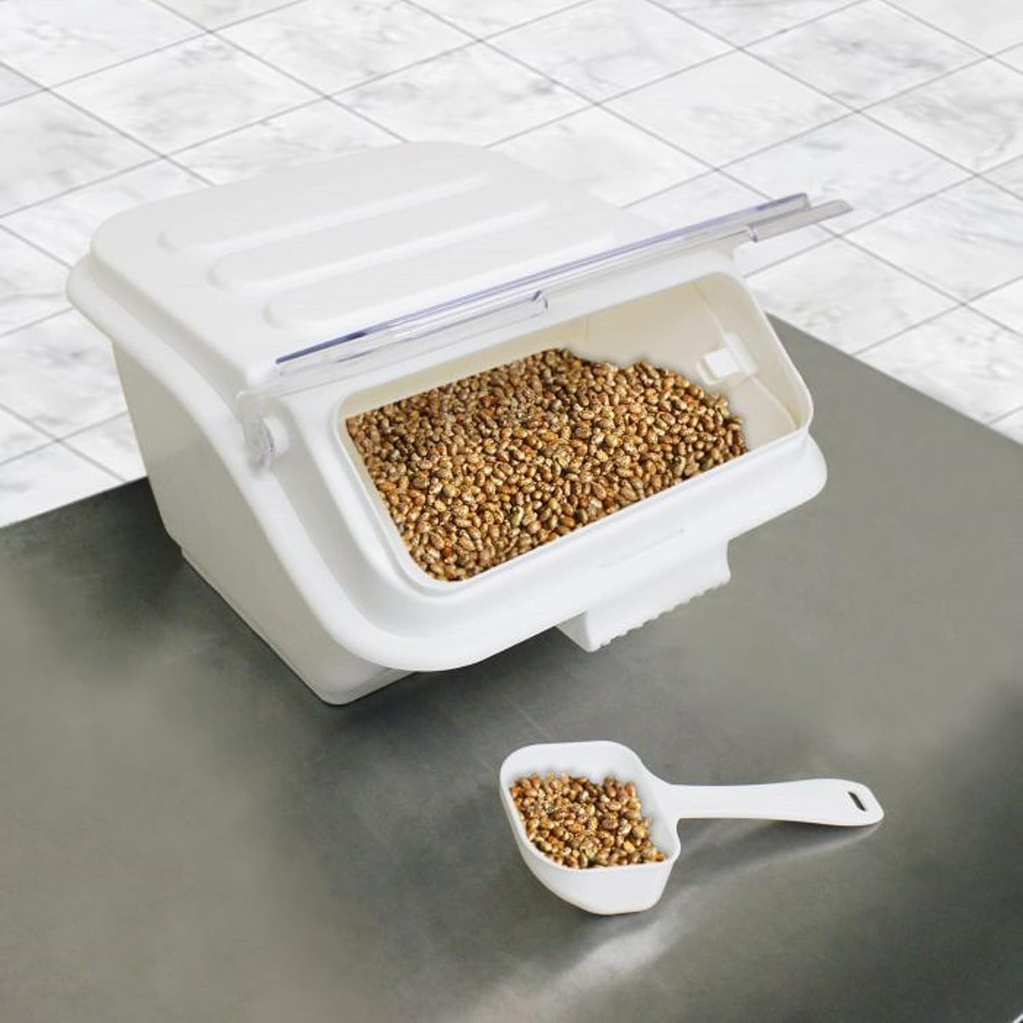 (40 Cups) Shelf Ingredient Bin White with Clear Flip Top Lid & Measuring Scoop- Stackable Plastic Kitchen Pantry Storage Bin for Dry Food Flour Sugar Kitchen Restaurant