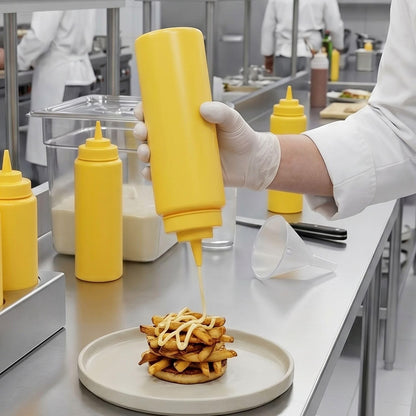 Set of 6 Squeeze Condiment Wide Mouth Dispensing Bottles - Plastic Squeeze Bottle for Sauces Spreads Ketchup Mustard Mayo Hot sauces and Olive oil