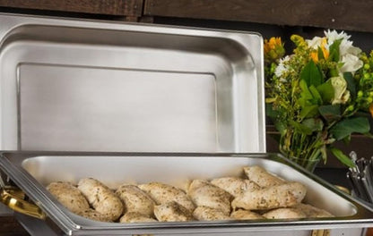 Stainless Steel Full Size Continental Chafing Dish Brass Accent Complete Set- Food Warmer Chafers and Buffet Warmer Sets for Catering Event Party Holiday Buffet Weddings Catering