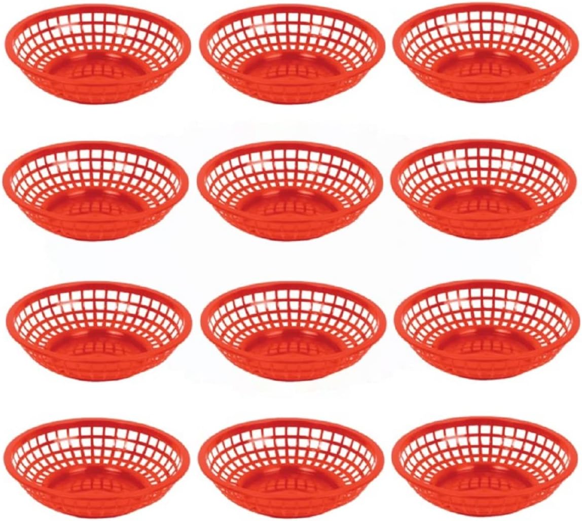 8" Round Fast Food Basket Plastic Set of 12- Fry Fast Food Reusable Foodservice Restaurant Diner Tray Plates Restaurant Supplies Deli Serving Chicken Burgers Sandwiches & Fries