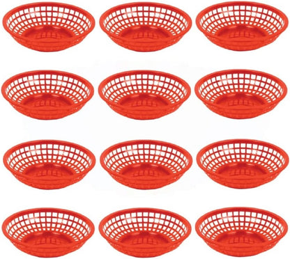 8" Round Fast Food Basket Plastic Set of 12- Fry Fast Food Reusable Foodservice Restaurant Diner Tray Plates Restaurant Supplies Deli Serving Chicken Burgers Sandwiches & Fries