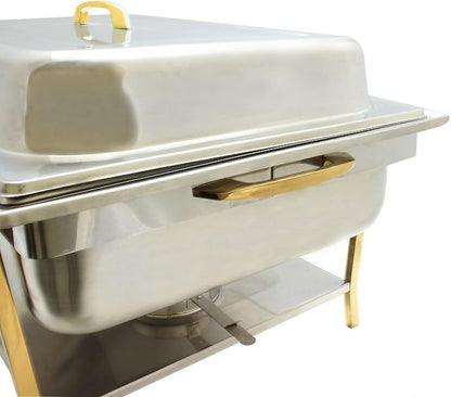 Stainless Steel Full Size Continental Chafing Dish Brass Accent Complete Set- Food Warmer Chafers and Buffet Warmer Sets for Catering Event Party Holiday Buffet Weddings Catering