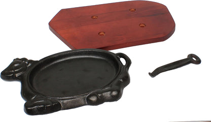 3 Piece Oval Cast Iron Sizzle Platter Set - Sizzler Plates Skillet Set Fajita Plate Fajita Pan With Wooden Base Perfect for Meats Steak Fish And Vegetables