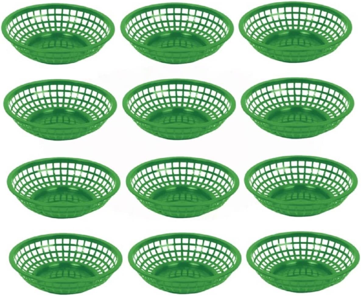 8" Round Fast Food Basket Plastic Set of 12- Fry Fast Food Reusable Foodservice Restaurant Diner Tray Plates Restaurant Supplies Deli Serving Chicken Burgers Sandwiches & Fries