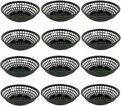 8" Round Fast Food Basket Plastic Set of 12- Fry Fast Food Reusable Foodservice Restaurant Diner Tray Plates Restaurant Supplies Deli Serving Chicken Burgers Sandwiches & Fries