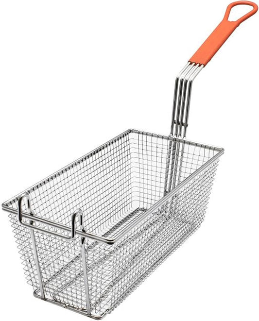 Rectangular Deep Fry Basket with Hook Heavy Duty Nickel Plated Iron with Green Coated Handle - for Home and Restaurant Kitchen Frying Chips Fish Sausages