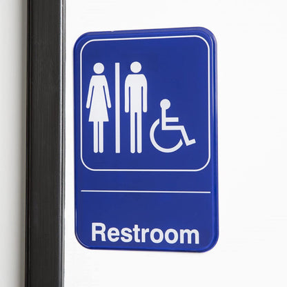 6" x 9" Restrooms/Accessible Bathroom Sign with Easy Peel Self-Adhesive White on Blue Color Set of 2- Waterproof Self Adhesive Store Signs Indoor/Outdoor Warning Marker Home Business Use