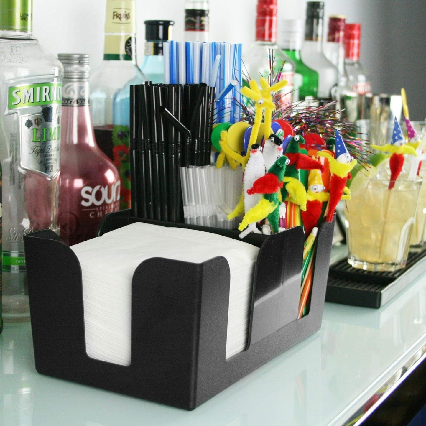 6 Compartment Bar Caddy 9-1/2" x 5-3/4" x 4-1/8" Black Color - Condiment Dispenser Countertop Organizer Condiment Supplies Holder for Home Work Restaurant