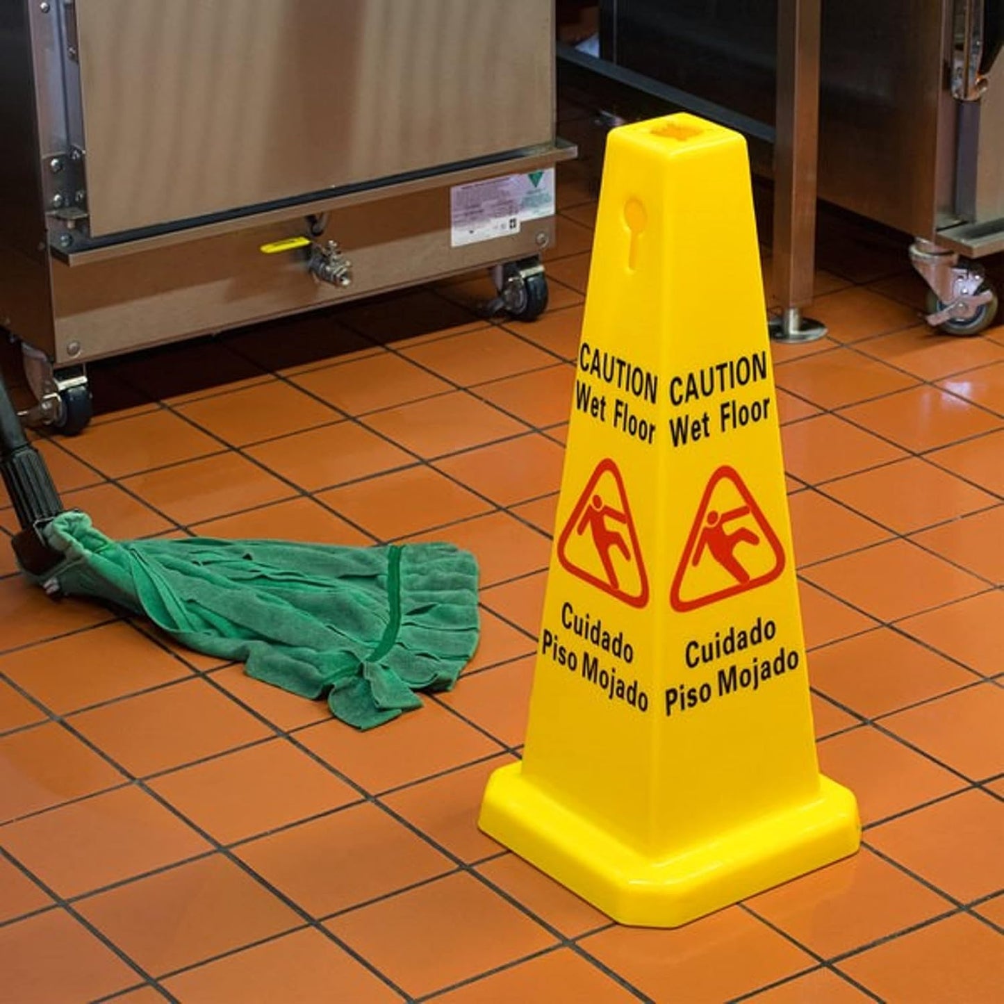 10 3/4" x 10 3/4" Cone Shape Wet Floor Caution Sign Yellow Color- Four-Sided Safety Warning Signs for Commercial Use 27 Inches Height Bilingual Warning Sign
