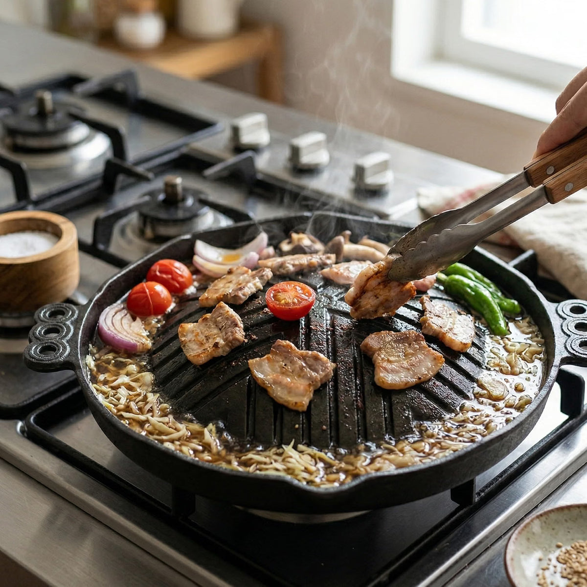 Round Cast Iron Stovetop Barbecue Plate Grill/Griddle - with Easy Grip Handles Griddle Pan for Stove Top Gas Range Grilling Pan Gets Better with Each Use