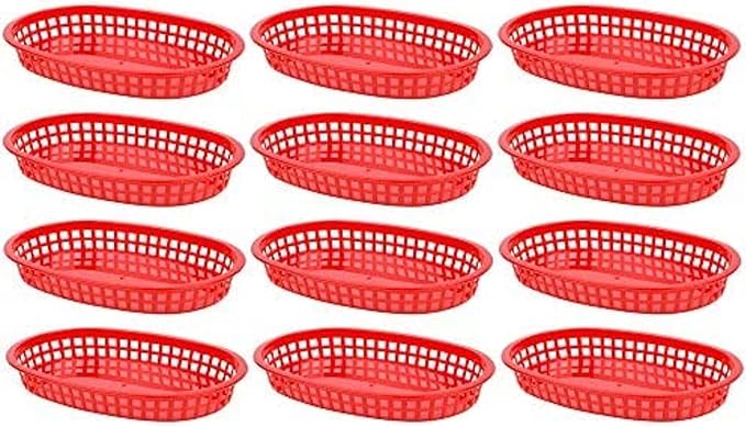 10-3/4" Oblong Fast Food Basket Plastic Set of 12- Fry Fast Food Reusable Foodservice Restaurant Diner Tray Plates Restaurant Deli Serving Chicken Burgers Sandwiches & Fries