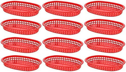10-3/4" Oblong Fast Food Basket Plastic Set of 12- Fry Fast Food Reusable Foodservice Restaurant Diner Tray Plates Restaurant Deli Serving Chicken Burgers Sandwiches & Fries