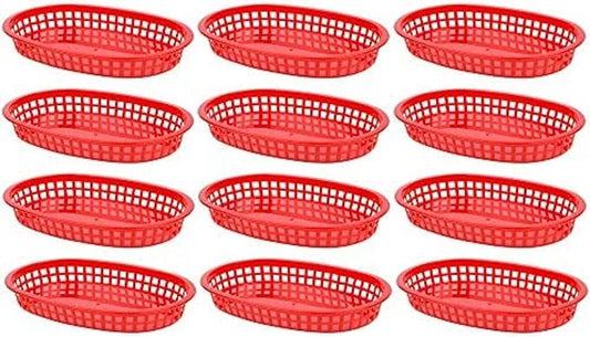 10-3/4" Oblong Fast Food Basket Plastic Set of 12- Fry Fast Food Reusable Foodservice Restaurant Diner Tray Plates Restaurant Deli Serving Chicken Burgers Sandwiches & Fries