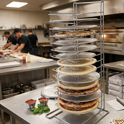 15 Tier Pizza Pan Rack Chrome Plated - Pizza Pan Rack Holder Safe Sturdy 15- Slot Pizza Pan Rack for Pizza Pan Pizza Trays Pizza Screens for Home Kitchen Restaurant Catering