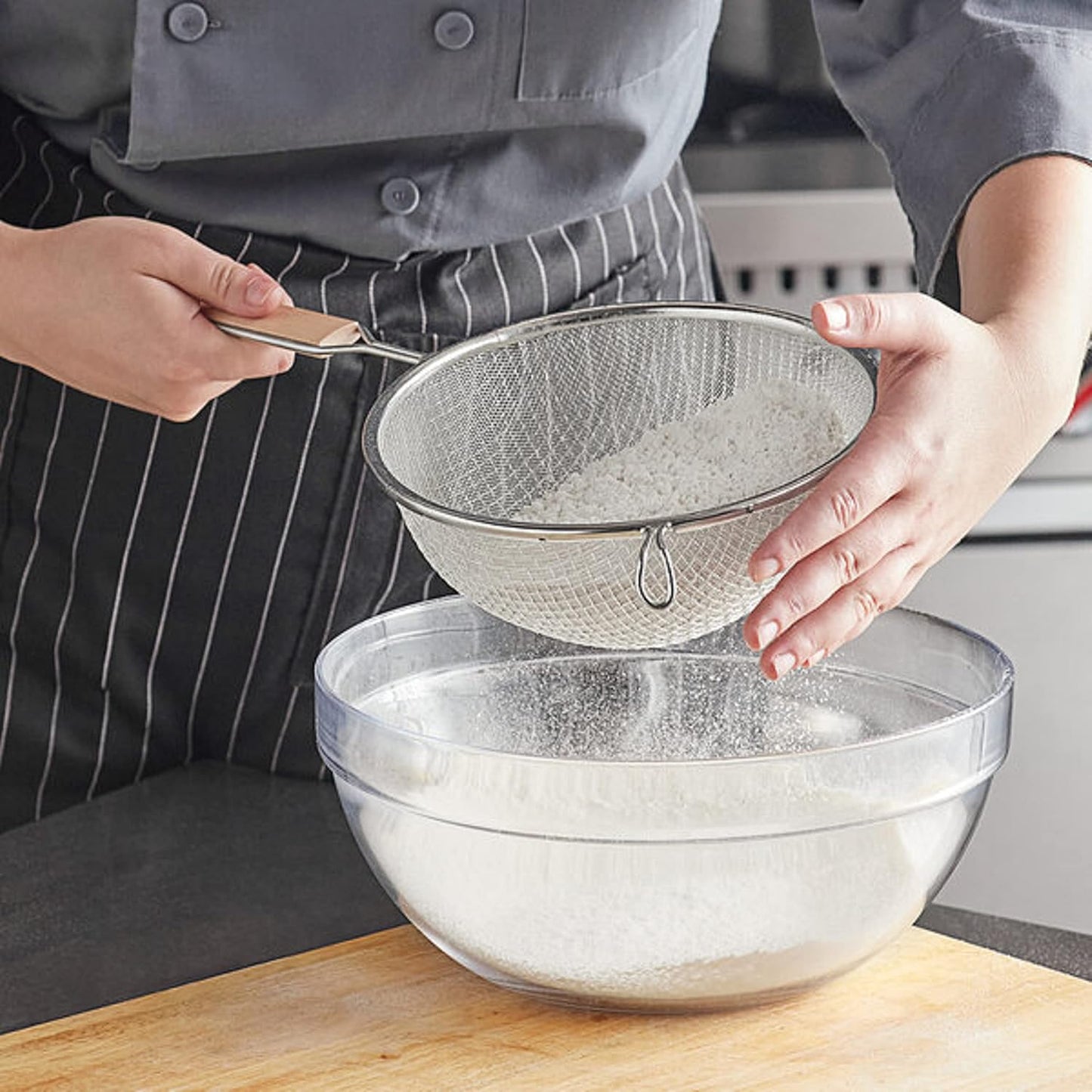 Double Fine Tin Mesh Strainer Handle Length Wooden Handle- Kitchen Utensil Food Strainer Skimmer Spoon for Cooking Sieve Sifters Rice Quinoa Pasta Fruits Vegetable
