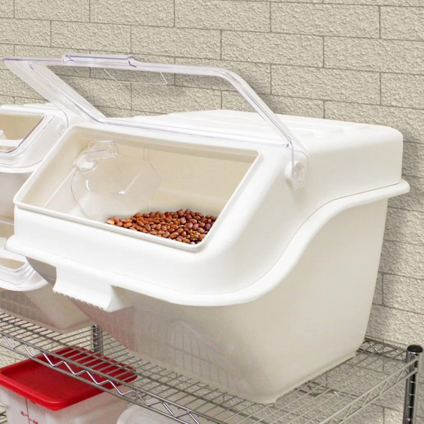 (40 Cups) Shelf Ingredient Bin White with Clear Flip Top Lid & Measuring Scoop- Stackable Plastic Kitchen Pantry Storage Bin for Dry Food Flour Sugar Kitchen Restaurant