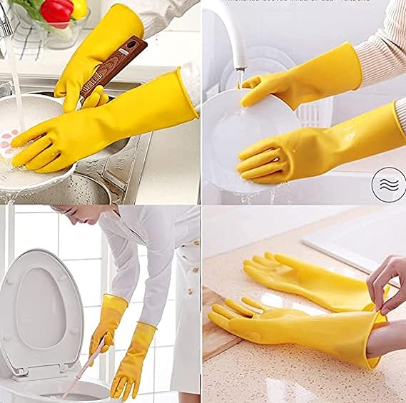 Set of 12 Heavy-Duty 6 Pairs Gloves Dishwashing/Household Gloves Yellow Color Latex Washable Regular Size- Reusable Heavy Duty Cleaning Gloves Dishwashing Gloves