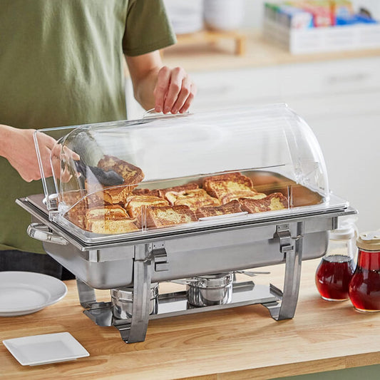 21-1/9" x 14-1/4" x 7-1/3" Roll Top Chafer Cover Opens on both ends Clear Color- Food Pan Cover Pastry Cover Display Cover Serving Platter Cover Clear Food Pan Cover