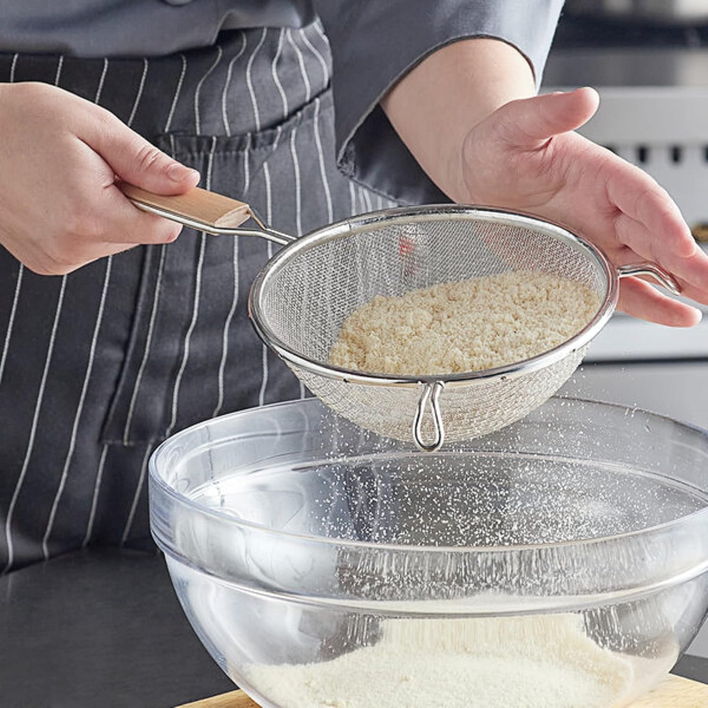 Double Fine Tin Mesh Strainer Handle Length Wooden Handle- Kitchen Utensil Food Strainer Skimmer Spoon for Cooking Sieve Sifters Rice Quinoa Pasta Fruits Vegetable
