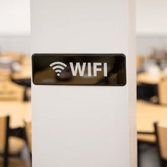 TrueCraftware ? Set of 2- Wifi Sign 9" x 3" with Easy Peel Self-Adhesive White on Black Color- Signs for Office Business Kitchen Restroom Waterproof Long-Lasting Self Adhesive for Indoor/Outdoor