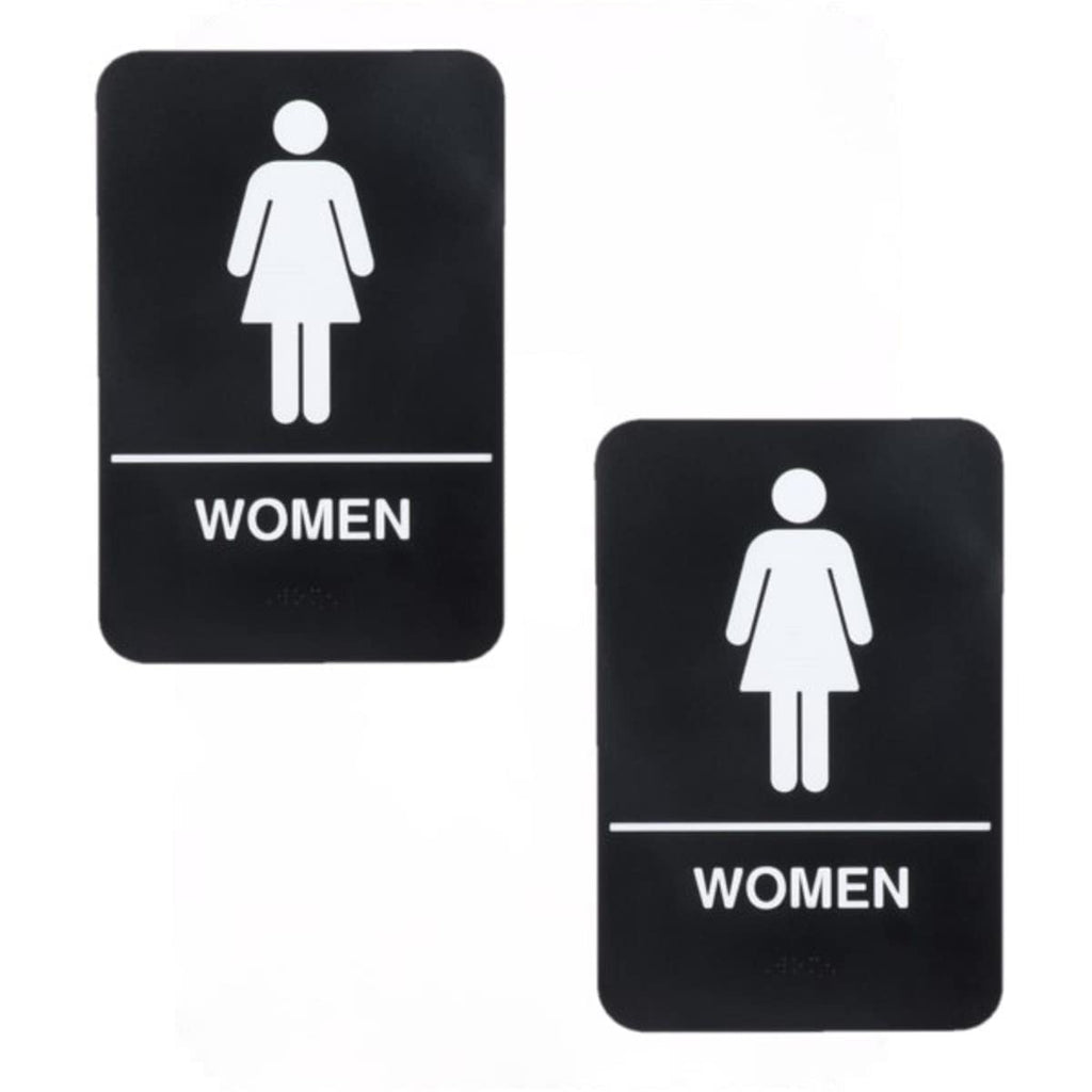 TrueCraftware ? Set of 2- Women Restroom Sign with Braille 6" x 9" with Easy Peel Self-Adhesive White on Black Color- Bathroom Signs Waterproof Long-Lasting Self Adhesive for Indoor/Outdoor Home or Business Use
