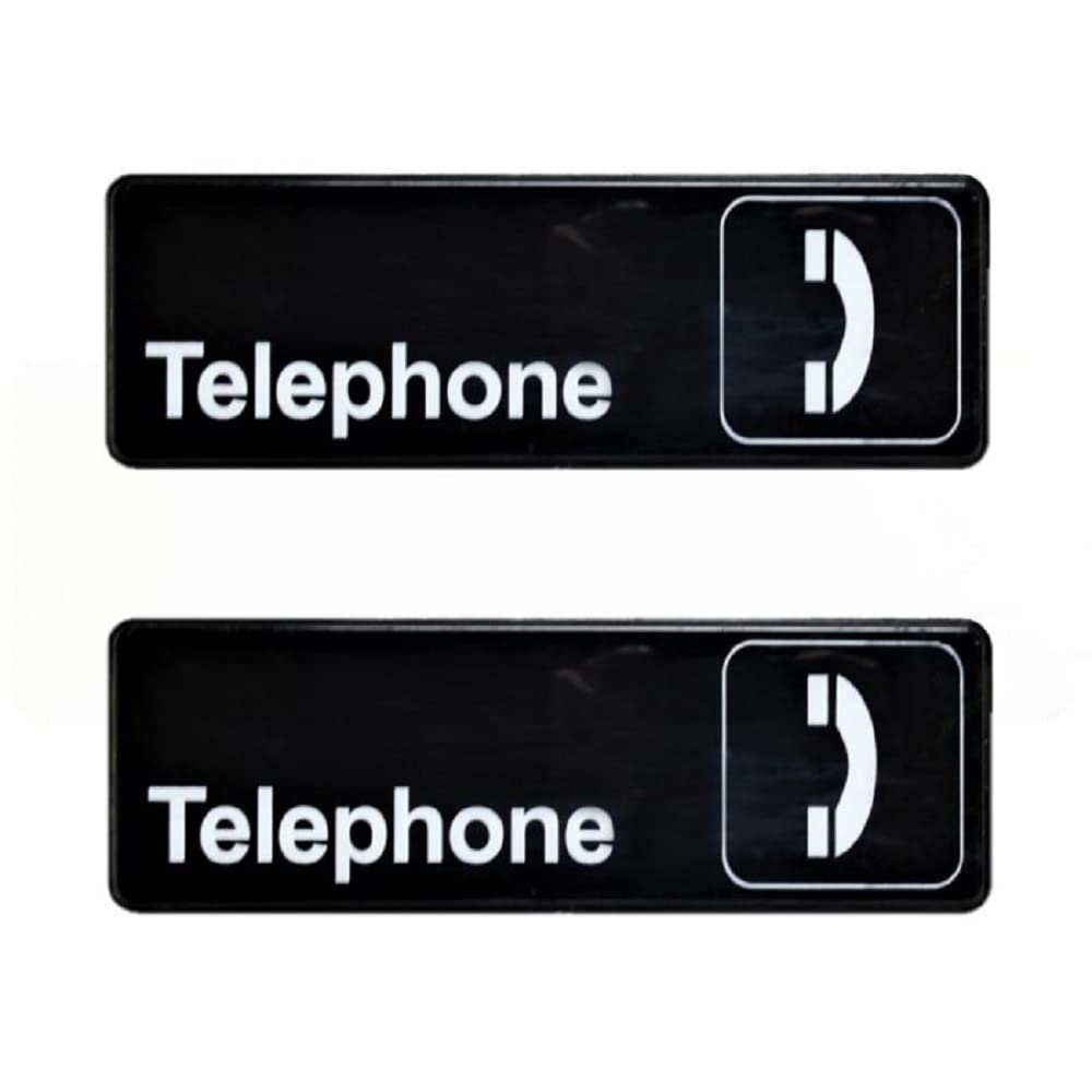 TrueCraftware ? Set of 2- Telephone Sign 9" x 3" with Easy Peel Self-Adhesive White on Black Color- Signs for Office Business Kitchen Restroom Waterproof Long-Lasting Self Adhesive for Indoor/Outdoor