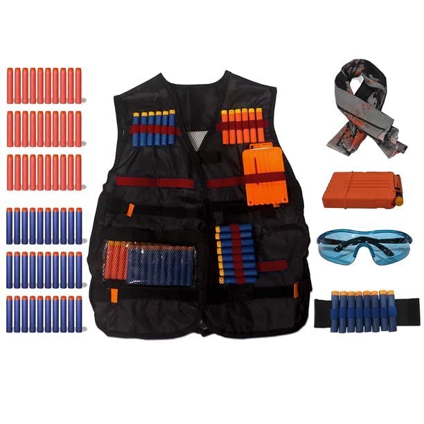 TrueCraftware - Kids Tactical Vest Kit for Nerf Guns Series with Refill Darts, Dart Pouch, Reload Clips, skull Mask, Wrist Band and Protective Glasses, Nerf Vest Toys for kids Boys & girls