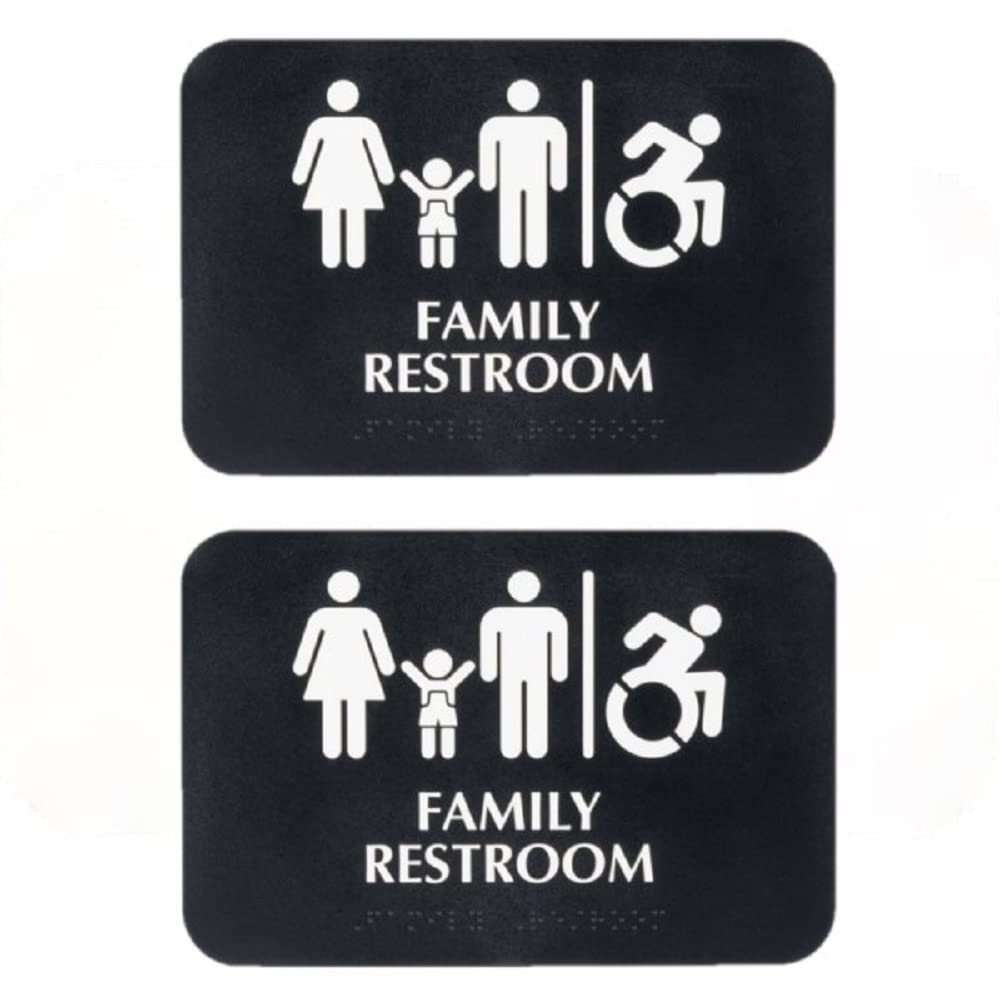 TrueCraftware ? Set of 2- Family Restroom/Accessible Restroom Sign with Braille 9" x 6" with Easy Peel Self-Adhesive White on Black Color- Signs for Office Business Kitchen Restroom Waterproof Long-Lasting Self Adhesive for Indoor/Outdoor