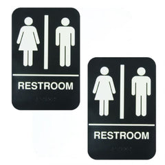 TrueCraftware ? Set of 2- Restroom Sign with Braille 6" x 9" with Easy Peel Self-Adhesive White on Black Color- Bathroom Signs Waterproof Long-Lasting Self Adhesive for Indoor/Outdoor Home or Business Use