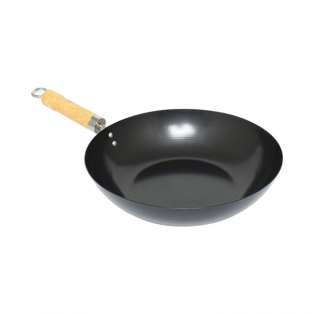 TrueCraftware - 12" Non-Stick Carbon Steel Wok Pan with 7-1/4" Wood Handle, Flat Bottom Cookware Chinese Wok
