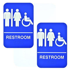 TrueCraftware ? Set of 2- Restroom /Accessible Sign with Braille 6" x 9" with Easy Peel Self-Adhesive White on Blue Color- Bathroom Sign Waterproof Long-Lasting Self Adhesive for Indoor/Outdoor Home or Business Use