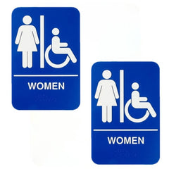 TrueCraftware ? Set of 2- Women/ Wheelchair Accessible Restroom Sign with Braille 6" x 9" with Easy Peel Self-Adhesive White on Blue Color- Bathroom Sign Waterproof Long-Lasting Self Adhesive for Indoor/Outdoor Home or Business Use