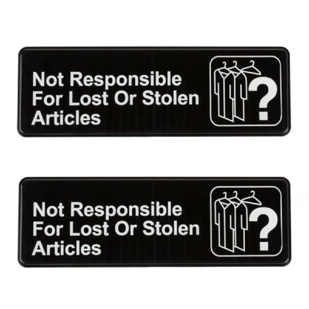 TrueCraftware ? Set of 2- Not Responsible for Lost or Stolen Articles Sign 9" x 3" with Easy Peel Self-Adhesive White on Black Color- Signs for Office Business Kitchen Restroom Waterproof Long-Lasting Self Adhesive for Indoor/Outdoor