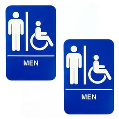 TrueCraftware ? Set of 2- Men / Wheelchair Accessible Restroom Sign with Braille 6" x 9" with Easy Peel Self-Adhesive White on Blue Color- Bathroom Sign Waterproof Long-Lasting Self Adhesive for Indoor/Outdoor Home or Business Use