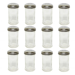 TrueCraftware ? Set of 12 - Stainless Steel 12 oz. Sugar/Cheese Shaker Pourer with Perforated Cap- Paneled design Sugar Cinnamon Sugar Pepper Parmesan Cheese Shaker for Kitchen and Restaurants