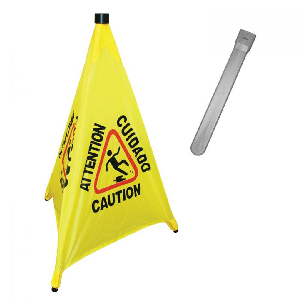 TrueCraftware ? 31" Pop-Up Safety Cone with Storage Tube Multi-Lingual Caution Imprint and Wet Floor Symbol, Yellow
