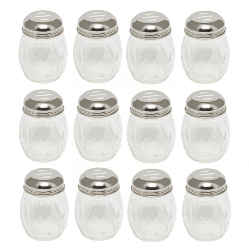TrueCraftware ?Set of 12 - Stainless Steel 6 oz. Slotted Glass Spices Shaker - Swirl design for Parmesan Cheese Spice Shakers Salt & Pepper Shakers