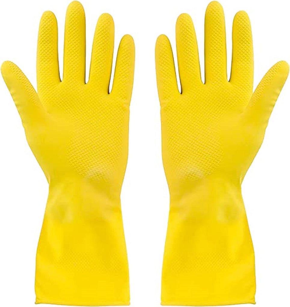TrueCraftware ? Set of 12, 6 Pairs - Heavy-Duty Gloves, Dishwashing/Household Gloves, Yellow Color, Latex, Washable, 8 1/2" X 16" Long Size
