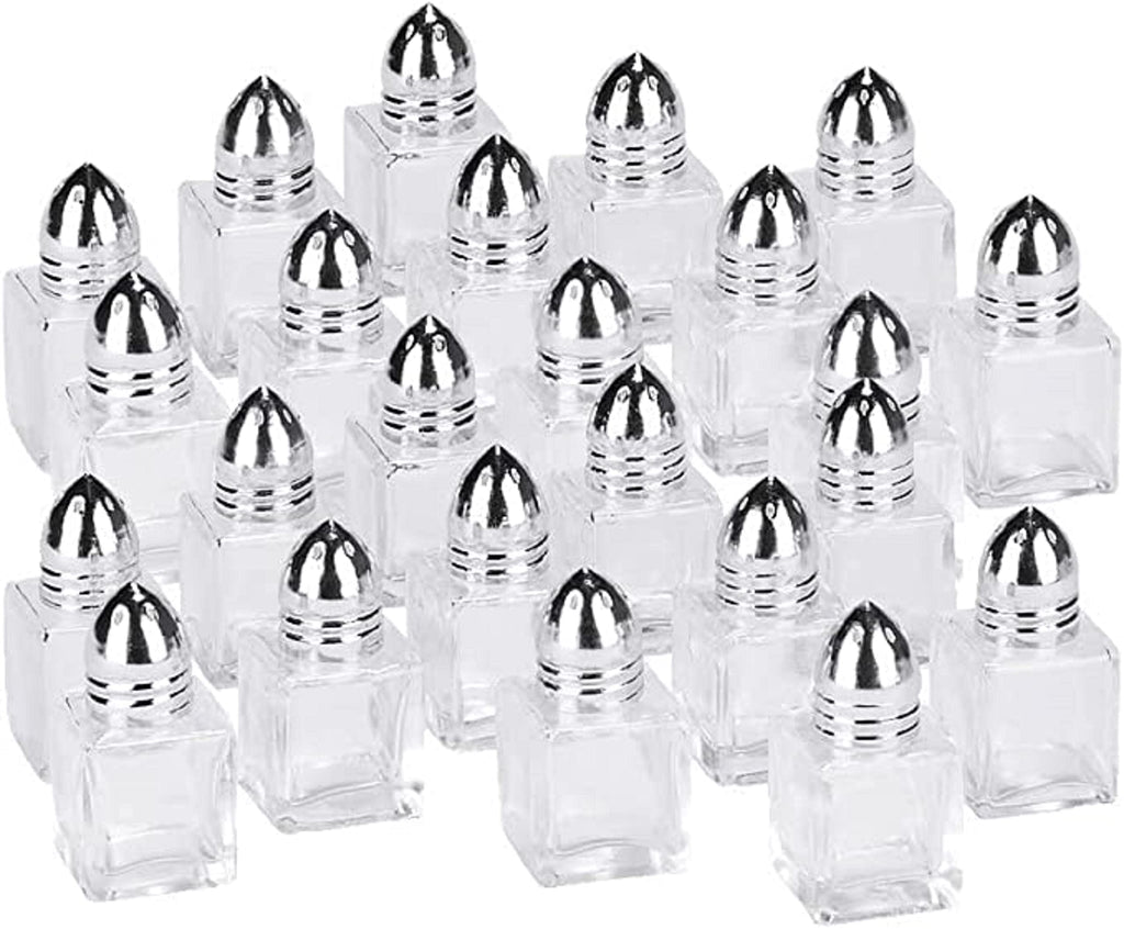 TrueCraftware - Set of 24-1/2 oz Mini Salt and Pepper Shakers - Mini Square Cube Glass Salt and Pepper Shakers with Polished Chrome Top - 0.5 Ounce - Individual Shakers for Restaurants or Weddings